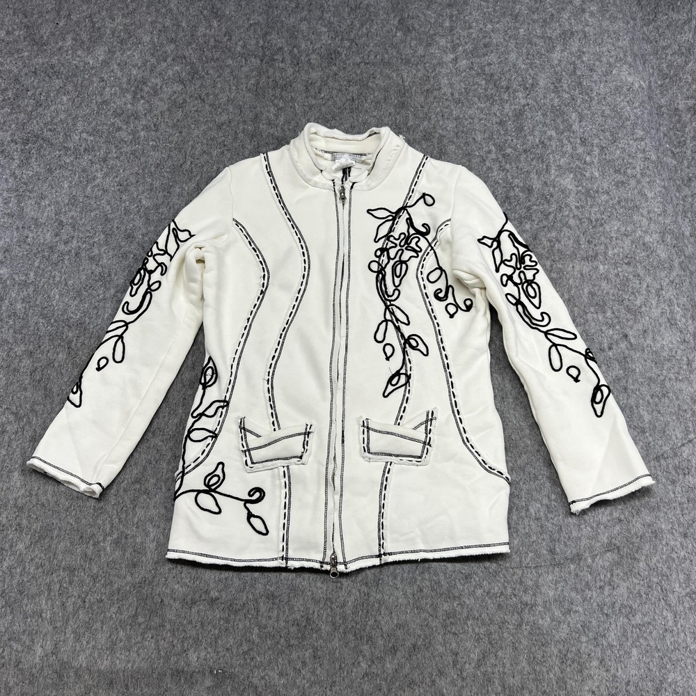 Alberto Makali Sweater Womens M Cream Full Zip Mock Neck Floral Embroidered